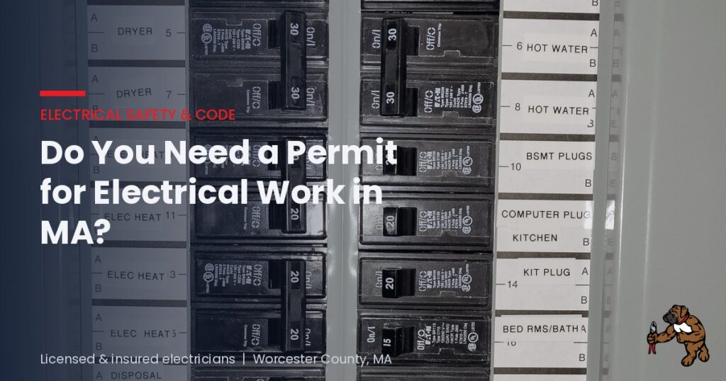 Do you need an electrical permit in Massachusetts, blog cover showing a labeled residential breaker panel