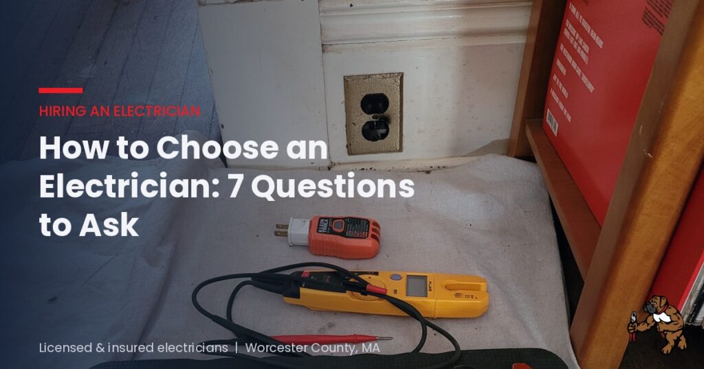 How to choose an electrician, blog cover showing electrical testing tools on a drop cloth