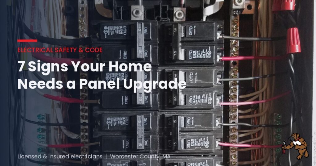 7 signs your home needs a panel upgrade, blog cover showing an open electrical panel with breakers and wiring
