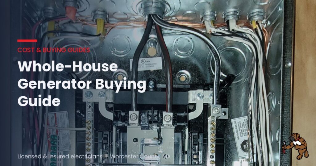 Whole-house generator buying guide, blog cover showing a generator transfer switch and wiring